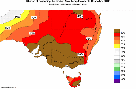 probability of exceeding median maximum temperature - click on the map for a larger version of the map