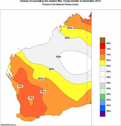 probability of exceeding median maximum temperature - click on the map for a larger version of the map
