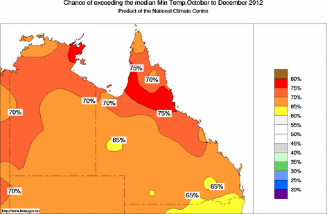 probability of exceeding median minimum temperature - click on the map for a larger version of the map