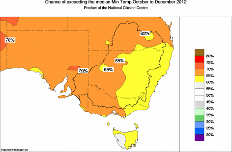 probability of exceeding median minimum temperature - click on the map for a larger version of the map