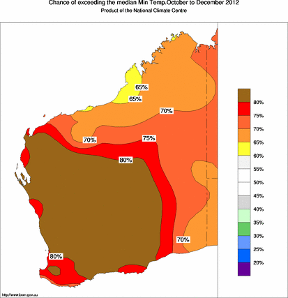 probability of exceeding median minimum temperature - click on the map for a larger version of the map