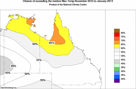 probability of exceeding median maximum temperature - click on the map for a larger version of the map