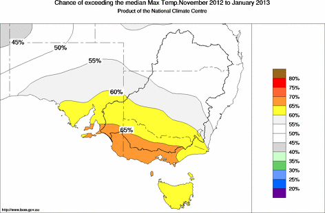 probability of exceeding median maximum temperature - click on the map for a larger version of the map