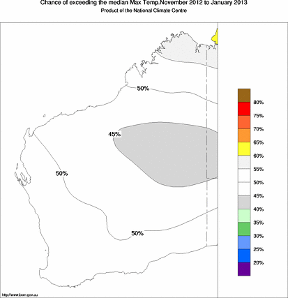 probability of exceeding median maximum temperature - click on the map for a larger version of the map