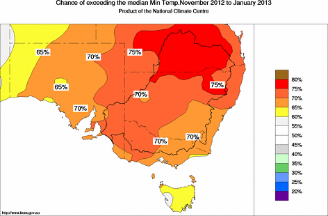probability of exceeding median minimum temperature - click on the map for a larger version of the map