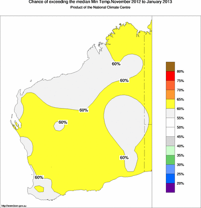 probability of exceeding median minimum temperature - click on the map for a larger version of the map