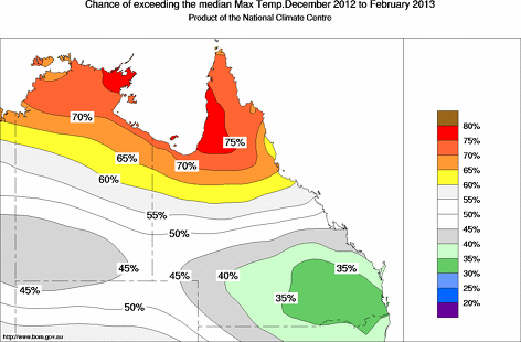 probability of exceeding median maximum temperature - click on the map for a larger version of the map