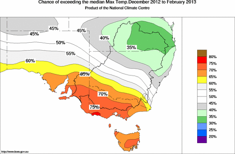 probability of exceeding median maximum temperature - click on the map for a larger version of the map
