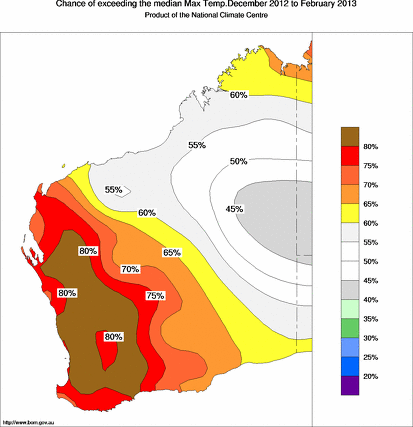 probability of exceeding median maximum temperature - click on the map for a larger version of the map