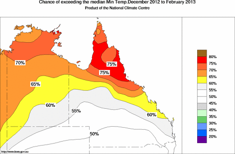 probability of exceeding median minimum temperature - click on the map for a larger version of the map