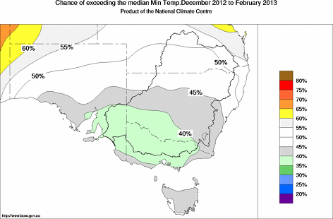 probability of exceeding median minimum temperature - click on the map for a larger version of the map
