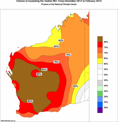 probability of exceeding median minimum temperature - click on the map for a larger version of the map