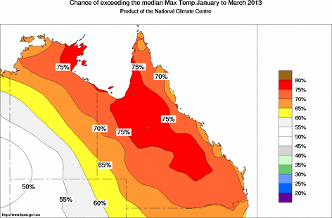 probability of exceeding median maximum temperature - click on the map for a larger version of the map