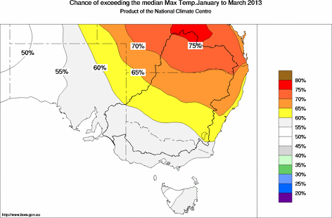 probability of exceeding median maximum temperature - click on the map for a larger version of the map