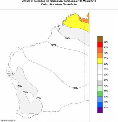 probability of exceeding median maximum temperature - click on the map for a larger version of the map