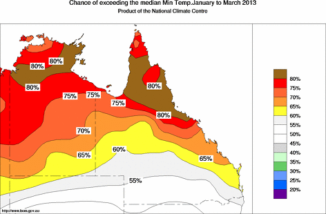 probability of exceeding median minimum temperature - click on the map for a larger version of the map