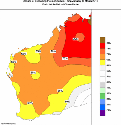 probability of exceeding median minimum temperature - click on the map for a larger version of the map