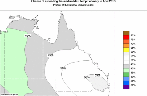 probability of exceeding median maximum temperature - click on the map for a larger version of the map