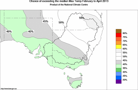 probability of exceeding median maximum temperature - click on the map for a larger version of the map