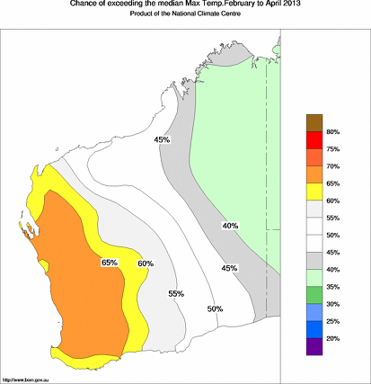 probability of exceeding median maximum temperature - click on the map for a larger version of the map