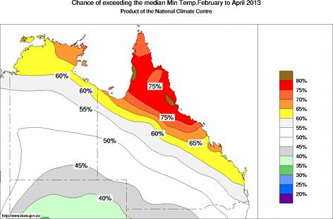 probability of exceeding median minimum temperature - click on the map for a larger version of the map