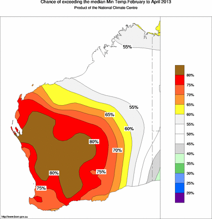 probability of exceeding median minimum temperature - click on the map for a larger version of the map