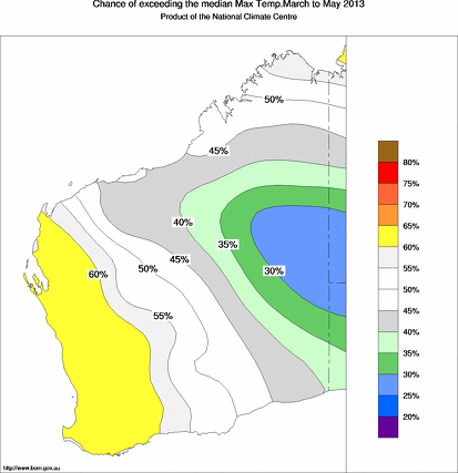 probability of exceeding median maximum temperature - click on the map for a larger version of the map