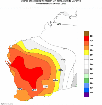probability of exceeding median minimum temperature - click on the map for a larger version of the map