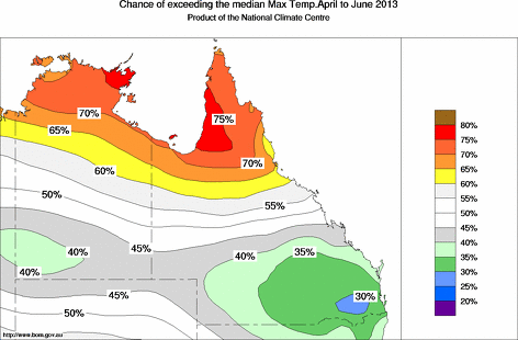 probability of exceeding median maximum temperature - click on the map for a larger version of the map