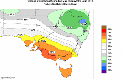 probability of exceeding median maximum temperature - click on the map for a larger version of the map