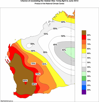probability of exceeding median maximum temperature - click on the map for a larger version of the map