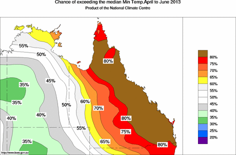 probability of exceeding median minimum temperature - click on the map for a larger version of the map