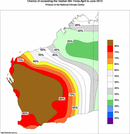 probability of exceeding median minimum temperature - click on the map for a larger version of the map