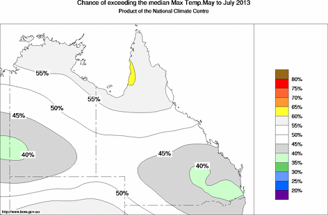 probability of exceeding median maximum temperature - click on the map for a larger version of the map