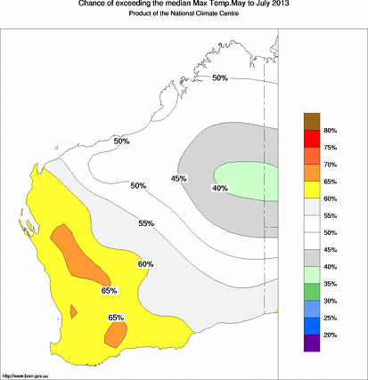 probability of exceeding median maximum temperature - click on the map for a larger version of the map