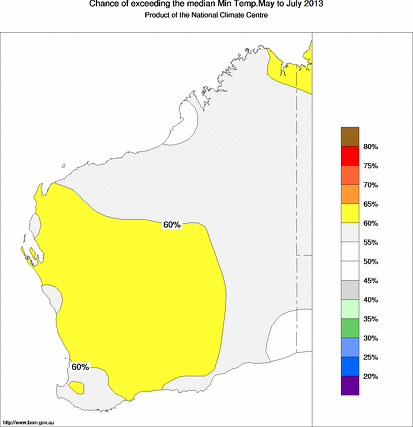 probability of exceeding median minimum temperature - click on the map for a larger version of the map