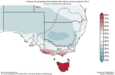 Probability of exceeding median maximum temperature - click on the map for a larger version