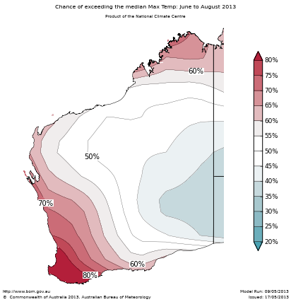 Probability of exceeding median maximum temperature - click on the map for a larger version