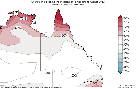 Probability of exceeding median minimum temperature - click on the map for a larger version