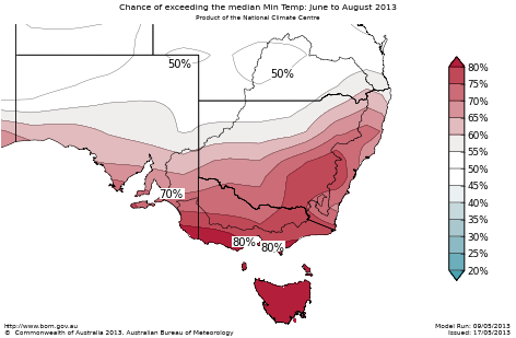 Probability of exceeding median minimum temperature - click on the map for a larger version