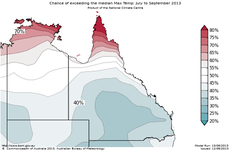 Probability of exceeding median maximum temperature - click on the map for a larger version