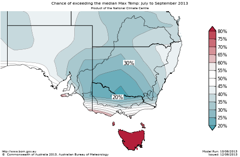 Probability of exceeding median maximum temperature - click on the map for a larger version