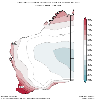 Probability of exceeding median maximum temperature - click on the map for a larger version
