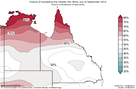Probability of exceeding median minimum temperature - click on the map for a larger version