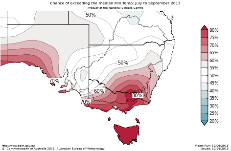 Probability of exceeding median minimum temperature - click on the map for a larger version