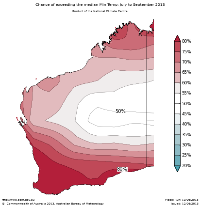 Probability of exceeding median minimum temperature - click on the map for a larger version