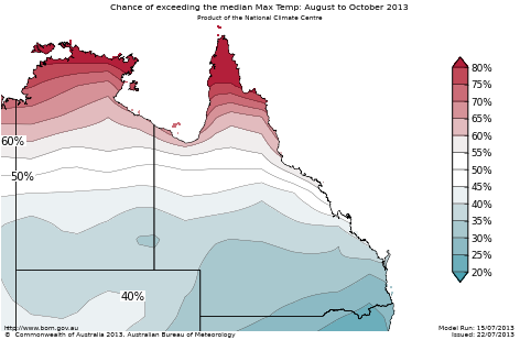 Probability of exceeding median maximum temperature - click on the map for a larger version