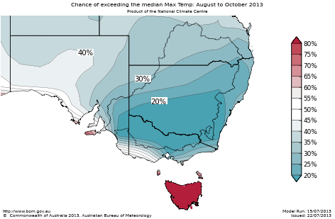 Probability of exceeding median maximum temperature - click on the map for a larger version