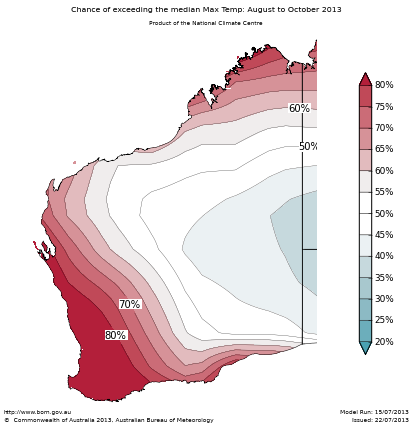 Probability of exceeding median maximum temperature - click on the map for a larger version