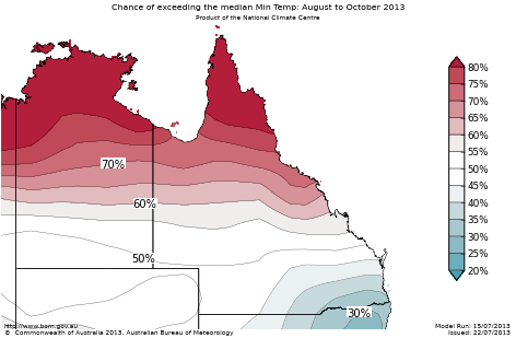Probability of exceeding median minimum temperature - click on the map for a larger version